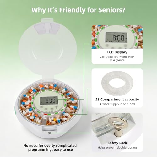 Automatic Pill Dispenser with Alarms & Top Key Lock for Seniors