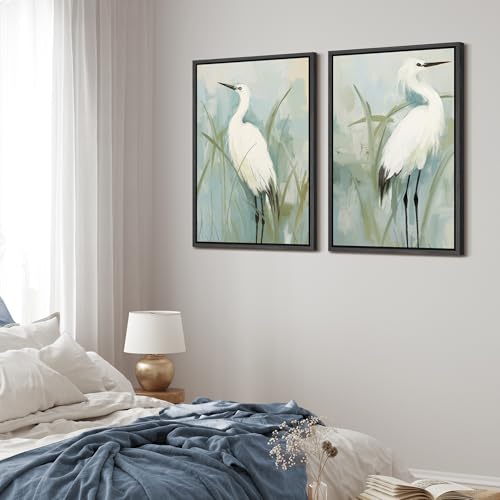 Framed Canvas Print Wall Art White Heron Pair in Marsh Coastal Illustrations Modern Art Decorative Bohemian Colorful for Living Room (2 Count)