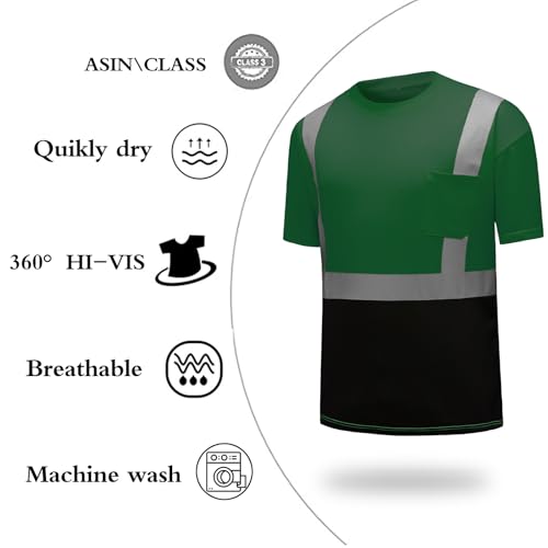 High Visibility Shirts Quick Dry Safety T Shirts with Reflective Strips and Pocket Short Sleeve Mesh Hi Vis Construction Work Class 2 Shirt for Men