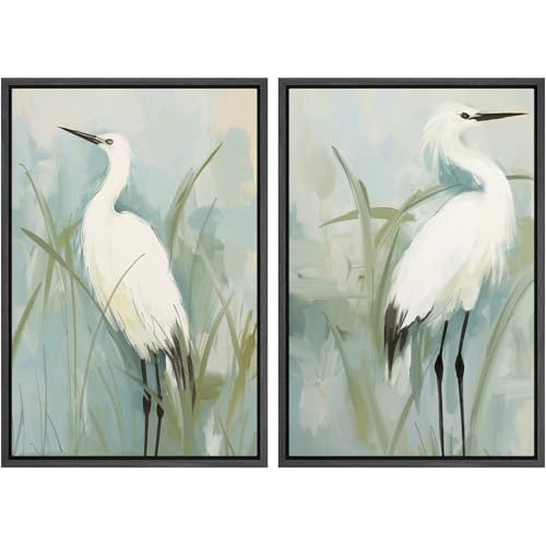 Framed Canvas Print Wall Art White Heron Pair in Marsh Coastal Illustrations Modern Art Decorative Bohemian Colorful for Living Room (2 Count)