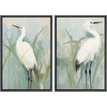 Framed Canvas Print Wall Art White Heron Pair in Marsh Coastal Illustrations Modern Art Decorative Bohemian Colorful for Living Room (2 Count)