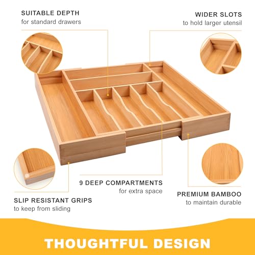 Large Premium Bamboo Silverware Organizer