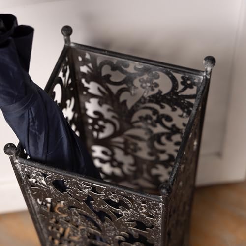 Vintage Black Metal Umbrella Holder with Ornate Cutout Pattern Antique Decorative Umbrella Stand with Detachable Drip Tray for Entryway Storage Umbrellas Canes & Walking Sticks