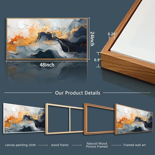 Framed Wall Art Abstract Large Canvas Picture Marble Fluid Art with Gold Foil Moon & Bird Design Home Decor for Living Room Bedroom Hotel Office Wall Decorative Artwork Ready to Hang 24x48