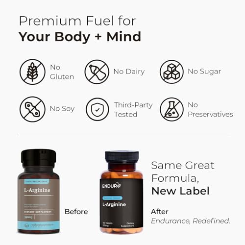 ENDUR - L-Arginine - 350 mg - Blood Flow & Heart Function Support - High-Potency - Supports Nitric Oxide Production for Overall Blood Flow & Vascular Health - 180 Tablets (180 Count)