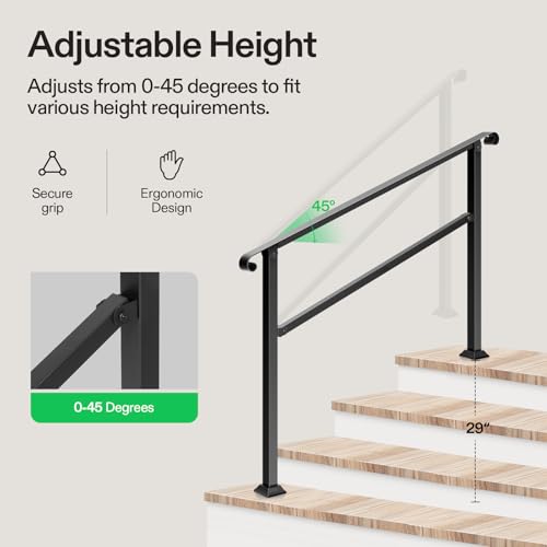 4 Step Stair Handrail 54"x36" Wrought Iron with Curved Ends Black