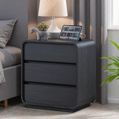 Black Curved Night Stand Set of 2 with Charging Station (2 Count)