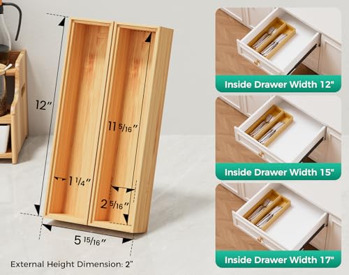 Bamboo Kitchen Drawer Organizer Boxes 12" x 3" Stackable Wooden Organizers (2 Count)