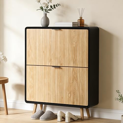 Fluted Shoe Storage Cabinet with 2 Flip Drawers