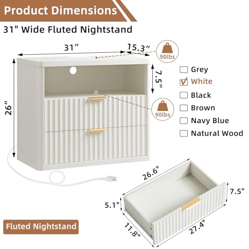 31" Wide Fluted Nightstand with Charging Station
