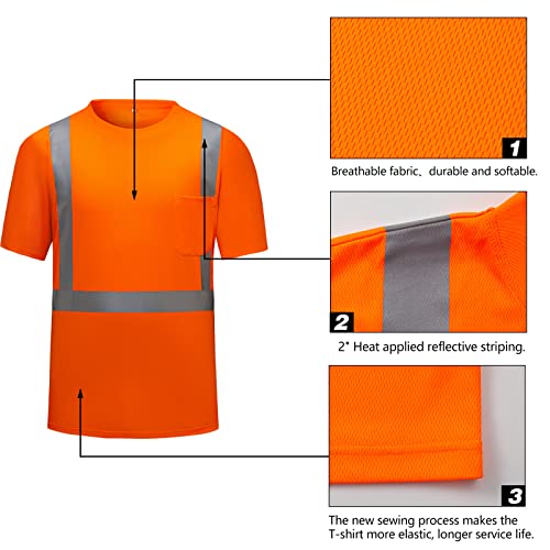 High Visibility Shirts Quick Dry Safety T Shirts with Reflective Strips and Pocket Short Sleeve Mesh Hi Vis Construction Work Class 2 Shirt for Men
