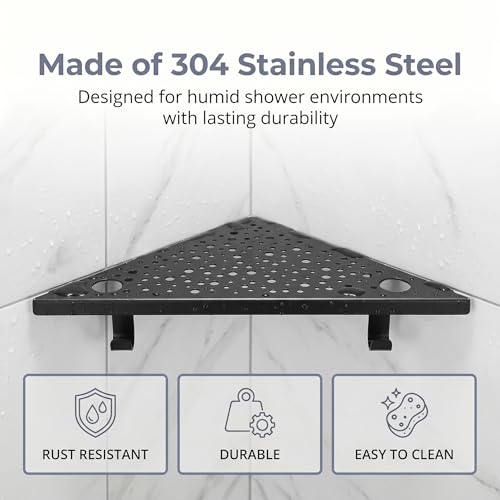Matte Black Corner Shower Shelves with Hooks and Razor Holes (2 Count)