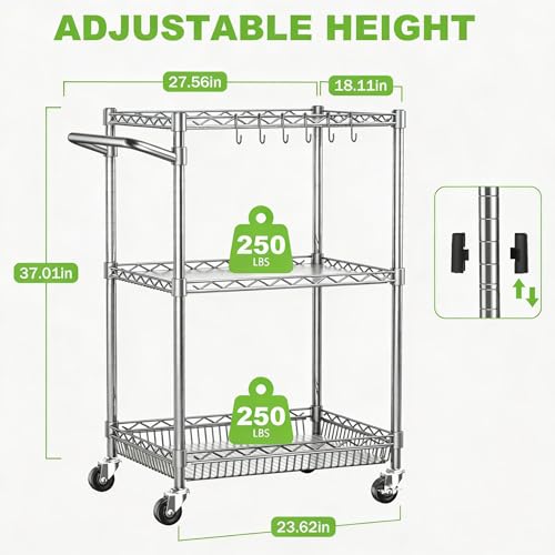 3 Tier Rolling Utility Metal Carts with Wheels Heavy Duty Cart 750Lbs