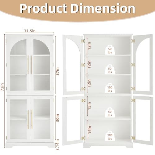 72" Tall Bookcase with 4 Curved Glass Doors