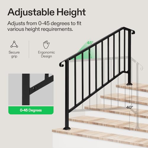 5 Step Railing 69"x36" Wrought Iron with Curved & Balusters Black