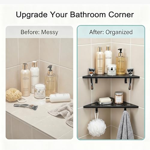 Matte Black Corner Shower Shelves with Hooks and Razor Holes (2 Count)