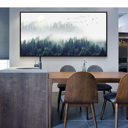Framed Wall Decor Living Room Large Size Canvas Wall Art For Bedroom Foggy Forest Trees Landscape Painting Office Wall Decorations Boho Home Decor Canvas Pictures Artwork Black Wood Framed 30" X 60"