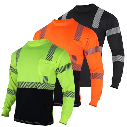 3pcs Safety T Shirts Reflective High Visibility Hi Vis Long Sleeve Construction Work Shirts for Men Class 3 (3 Count)