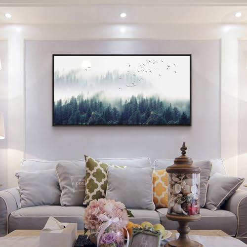 Framed Wall Decor Living Room Large Size Canvas Wall Art For Bedroom Foggy Forest Trees Landscape Painting Office Wall Decorations Boho Home Decor Canvas Pictures Artwork Black Wood Framed 30" X 60"
