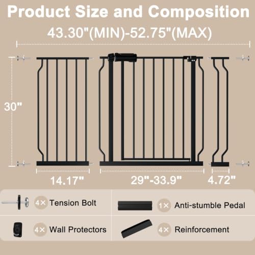 43.3 52.75" Extra Wide Baby Gate Pressure Mounted 30" Tall Black