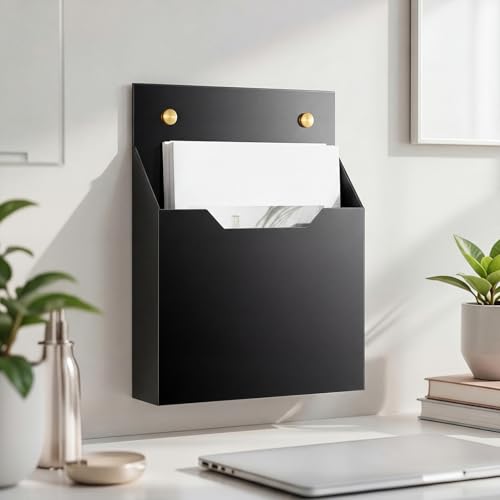 1 Pack 12.6"x9.5"x2.4" Black Acrylic Wall File Holder Organizer Wall Mount Magazine Document Brochure Mail Pocket Durable File Storage with 3 Colors Screw Cap for Office Home Waiting Room Use