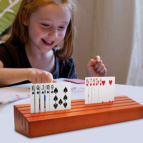 Wooden Playing Card Holder Set of 2 Solid Card Tray Rack Organizer for Kids Seniors Adults