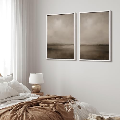 Framed Canvas Print Wall Art Abstract Brown and Taupe Modern Minimalist Misty Landscape Illustrations Modern Art Decorative Bohemian for Living Room