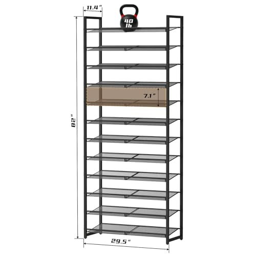 Shoe Rack, 12-Tier Metal Shoe Organizer, Tall Shoe Rack for Closet,entryway,Garage, with Adjustable Flat or Angled Shelves, 52-60 Pairs,Shoes that can accommodate The Whole Family. (12 Count)