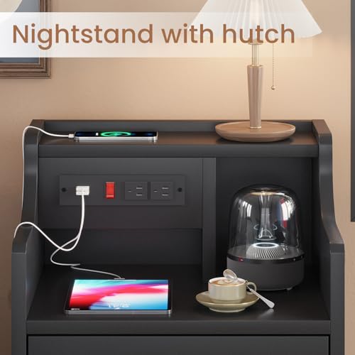 Black Nightstand with Charging Station & Drawers