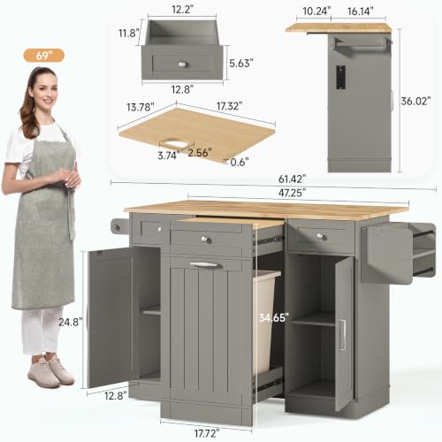 Kitchen Islands with Movable Wood Cutting Board & Trash Can