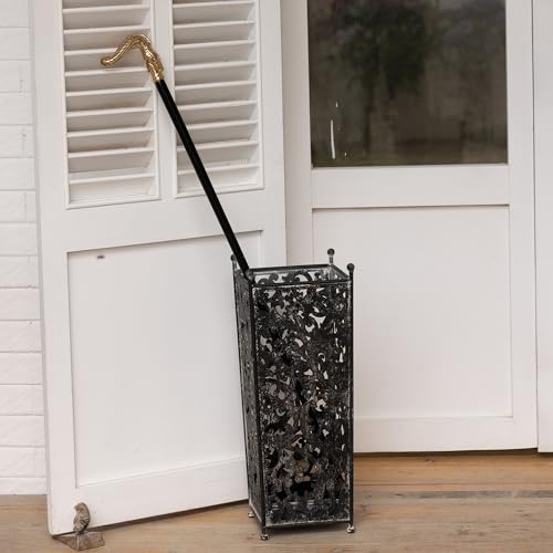 Vintage Black Metal Umbrella Holder with Ornate Cutout Pattern Antique Decorative Umbrella Stand with Detachable Drip Tray for Entryway Storage Umbrellas Canes & Walking Sticks