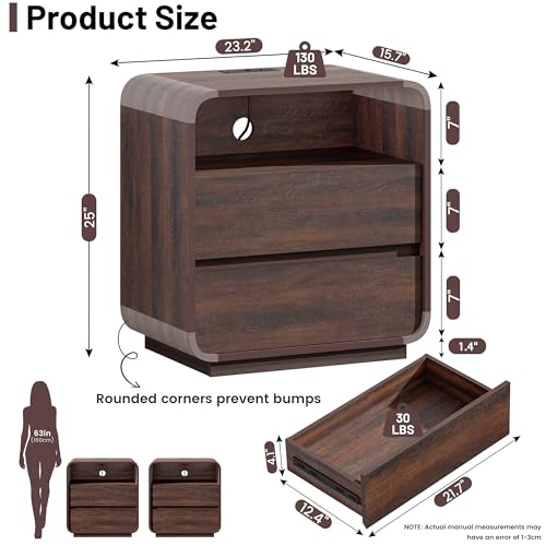 Walnut Curved Nightstand Set of 2 with Charging Station