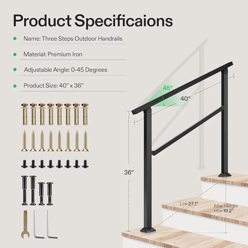 3 Step Stair Handrail 40"x36" Wrought Iron Porch Railing Black - Bel Marant