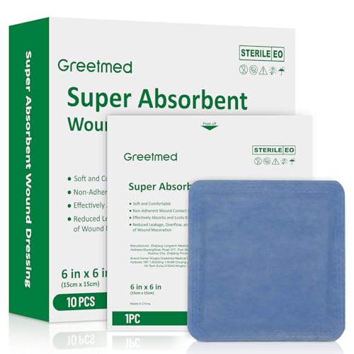 Super Absorbent Wound Dressing Pads Size 6"x 6" 10 Individual Pack Soft Highly Absorbent Dressing Non Stick Gauze Pads for Heavily Exuding Wound Care Reduce Leakage and Skin Maceration (10 Count)