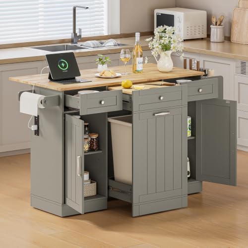 Kitchen Islands with Movable Wood Cutting Board & Trash Can