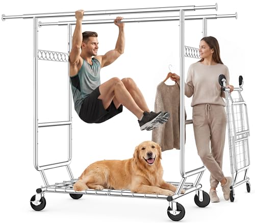 Clothes Rack Heavy Duty Clothing Rack Load 650 LBS Collapsible Garment Rack with Wheels Double Rod Clothes Rack for Hanging Clothes Commercial Portable Closet Rack with Shelves 22"D*75"W*68"H