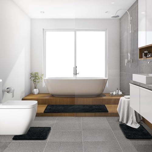 Black Bathroom Runner Rugs Soft Microfiber Bath Mat 16x48 Inch (5.3312 Sq Ft)