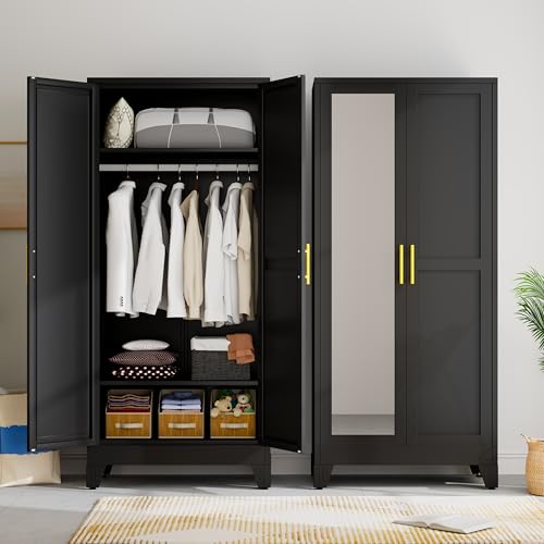 Metal Wardrobe Storage Cabinet with Mirror and Hanging Rod