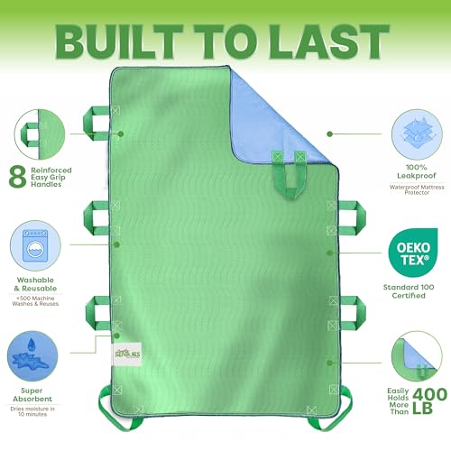 Absorbent Positioning Bed Pads with 8 Handles 34"x52"