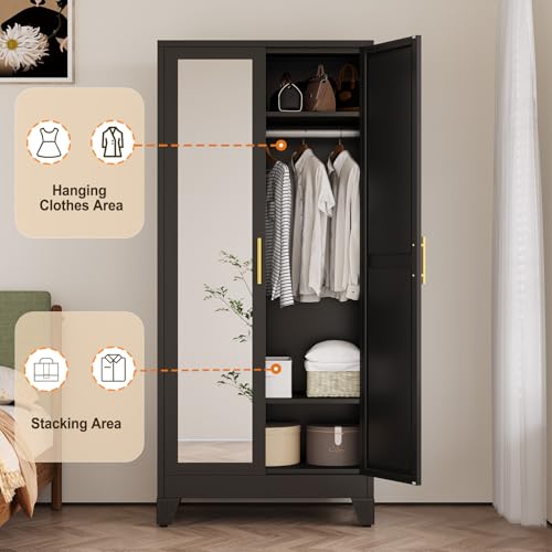 Metal Wardrobe Storage Cabinet with Mirror and Hanging Rod