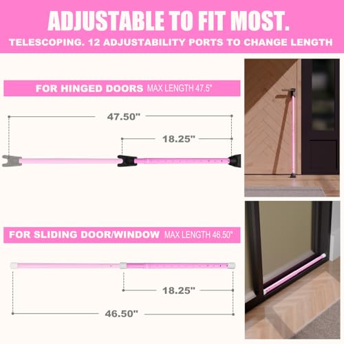 3-in-1 Door Security Bar, Security Door Stoppers & Door Barricade – Heavy Duty Adjustable Iron Security Lock Bar for Home Defense, Apartment & Travel Safety (1 Pack - Pink)