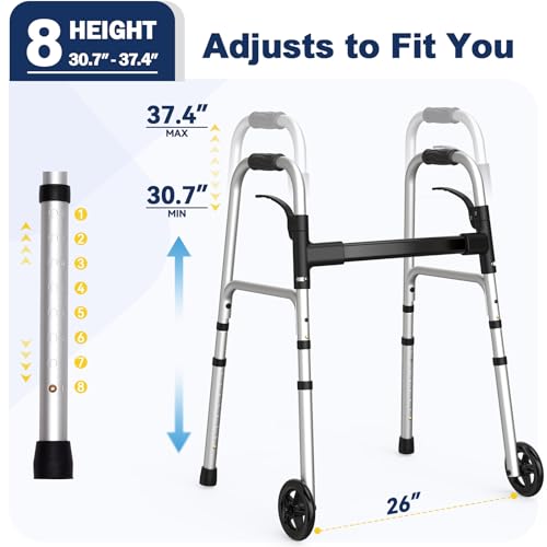 Folding Walkers for Seniors with 2 Skis and 5" Wheels 350 Pounds