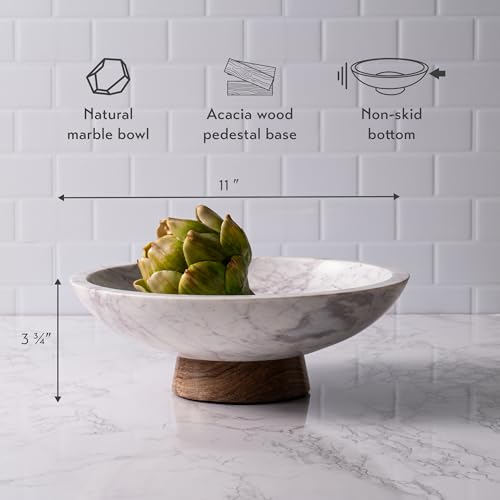 Marble Decorative Bowl with Acacia Wood Pedestal