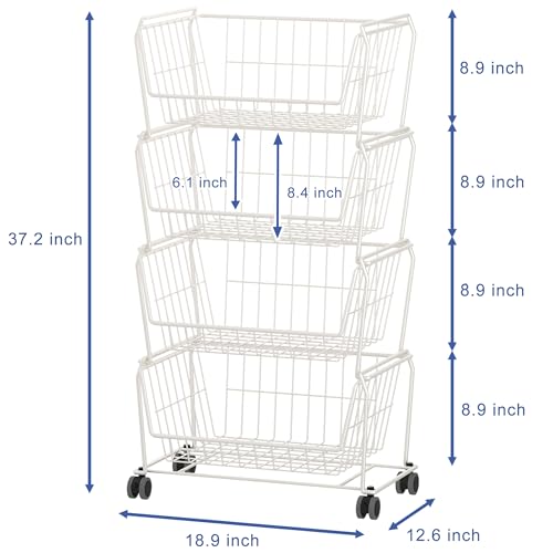 4 Tier Large Stackable Wire Storage Baskets with Wheels