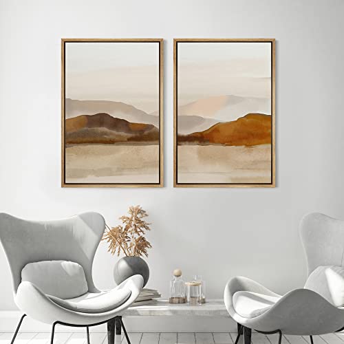 Framed Canvas Print Wall Art Pastel Brown Mountain Range Ocean Lake Wilderness Nature Illustrations Modern Art Decorative Calm (2 Count)
