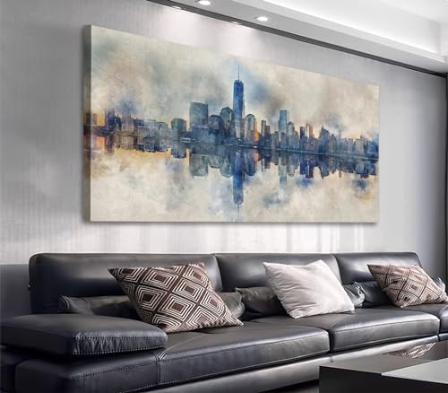 Extra Large New York Skyline Wall Art Abstract City Reflection Canvas Picture Print Modern Gray Canvas Artwork Decoration for Living Room Bedroom Office Home Wall Decor Framed Ready to Hang 29" x 58"