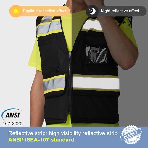 Black Safety Vest 9 Pockets Mesh Back Reflective strip ID Pocket