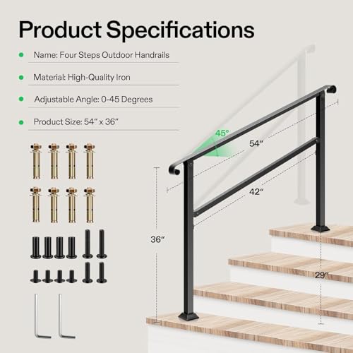 4 Step Stair Handrail 54"x36" Wrought Iron with Curved Ends Black