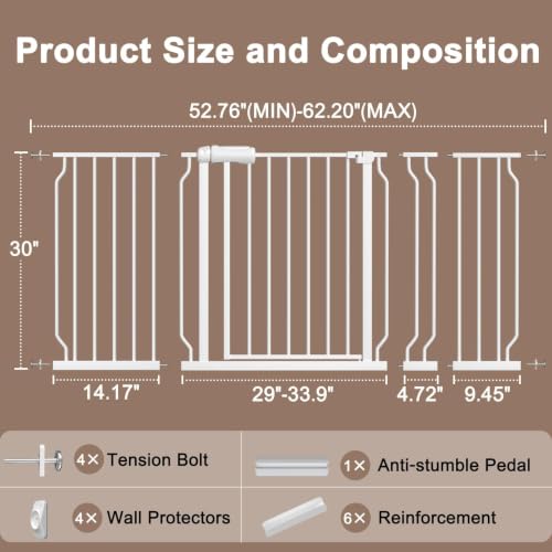 52.76 62.2" Extra Wide Baby Gate Pressure Mounted 30" Tall White