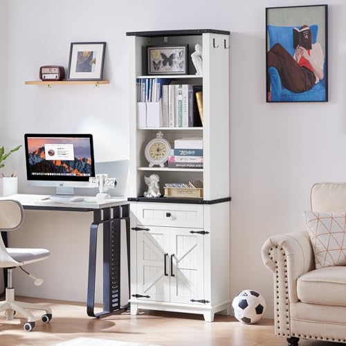 72in Tall Bookshelf 7 Tier Bookcase with Drawer and Barn Doors and Adjustable Shelves (4 Count)